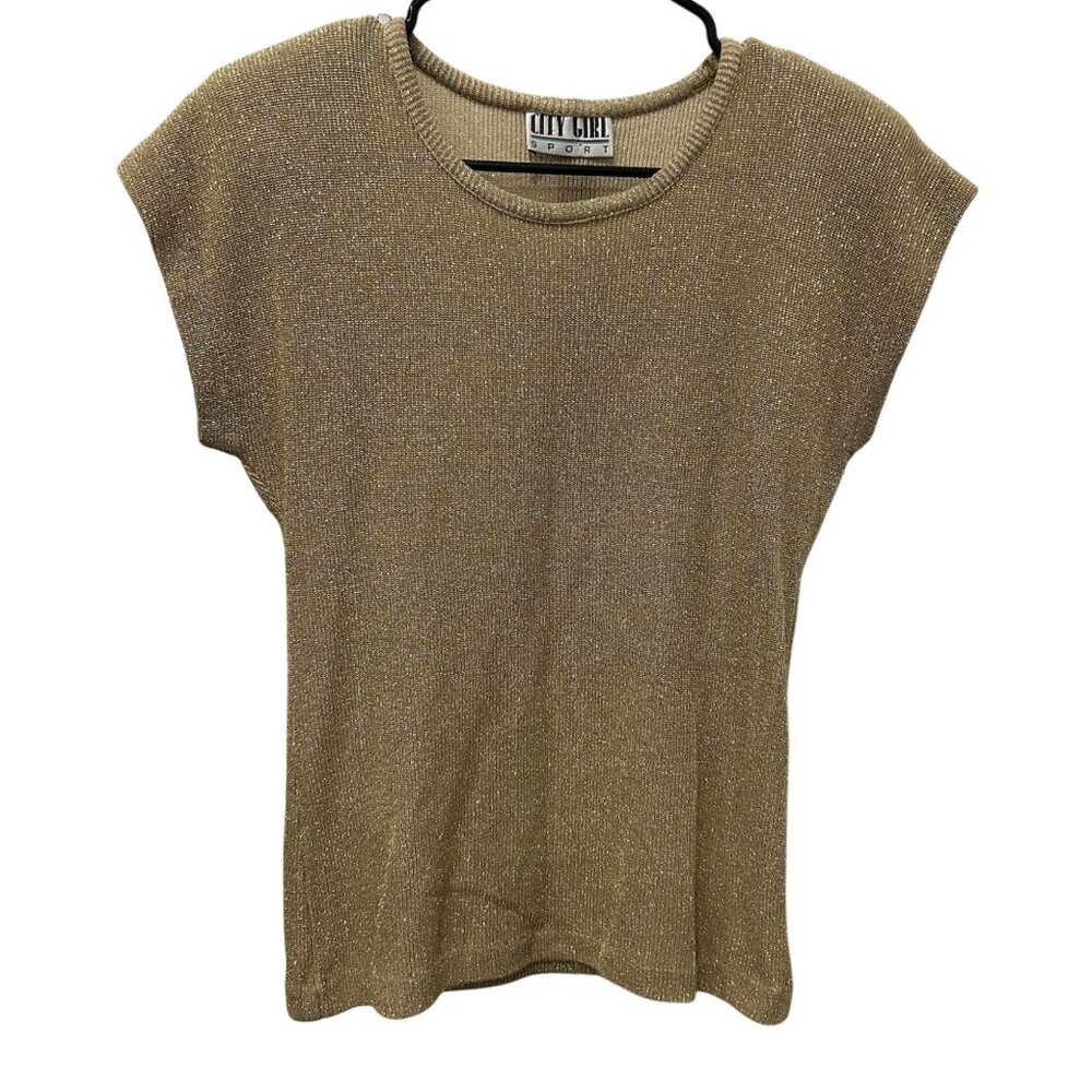 City Girl Sport Small Gold Sparkle Knit Cap Sleeve Top Shimmer Metallic Holiday